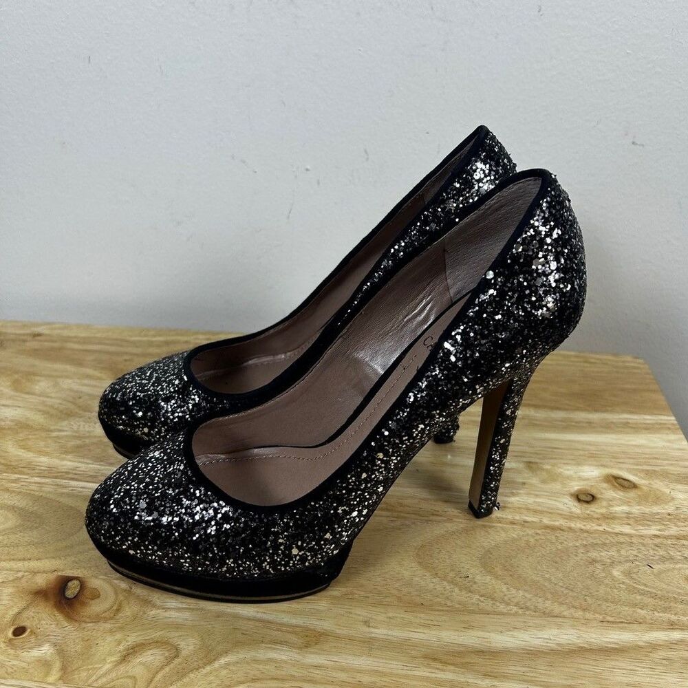 Vince Camuto Dacoma Pumps Womens 6.5 Black Silver Glitter Platform Heels